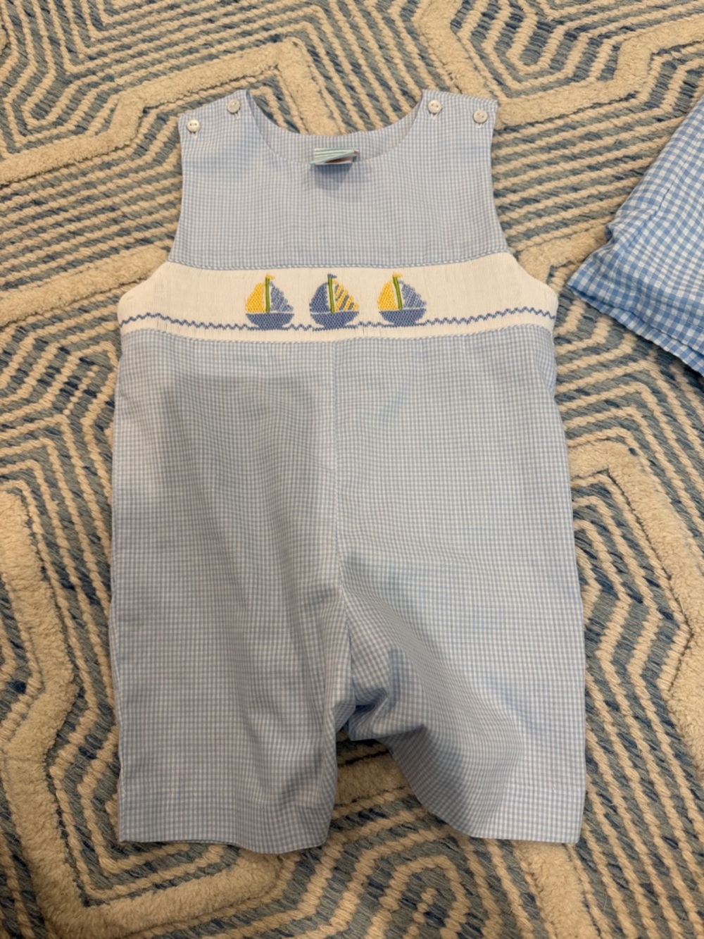 Baby Boys Light Blue Smocked Sailboat One-Piece